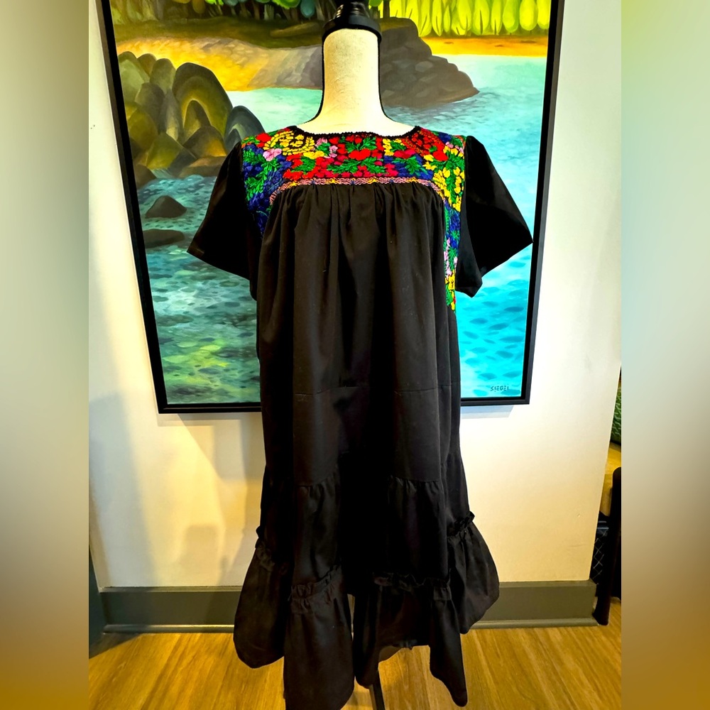 Mi Golondrina Black Dress with Multicolor Embroidery